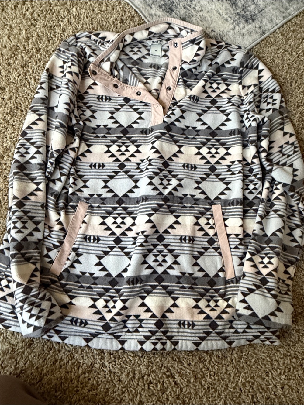 Duluth Trading Co Aztec Snap-Placket Cowl Pullover - Gray & Cream
